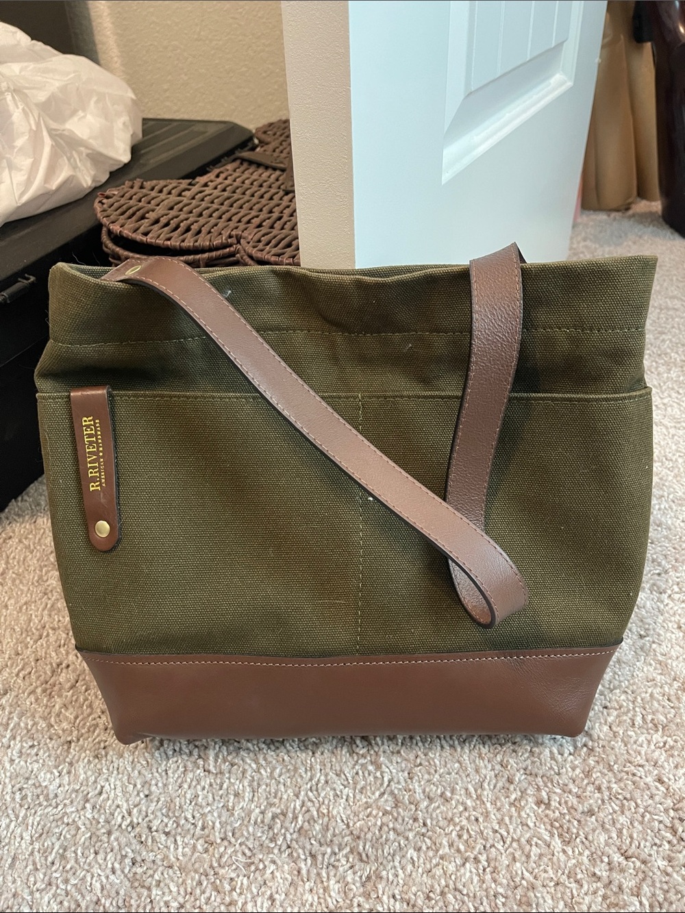 R. RIVETER Olive Canvas Messenger Bag with Brown Leather Trim